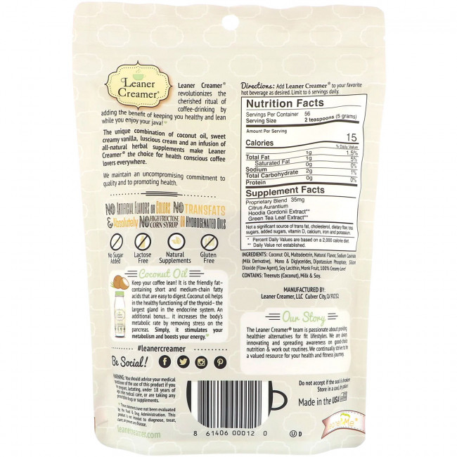 Leaner Creamer, сливки из кокосового масла, оригинальный вкус, 280 г (9,87 унции)