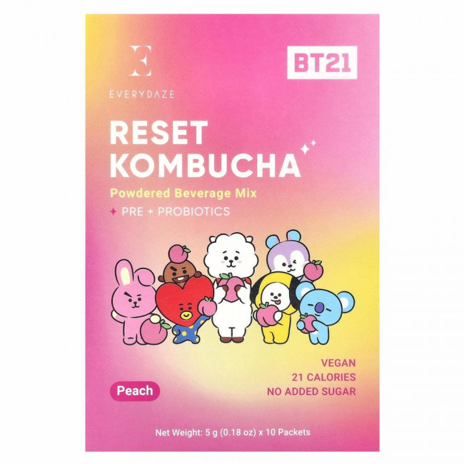 Everydaze, Reset Kombucha, порошковая смесь для напитка, персиковый вкус, 10 пакетиков по 5 г каждый.