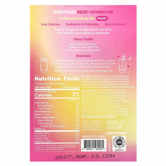 Everydaze, Reset Kombucha, порошковая смесь для напитка, персиковый вкус, 10 пакетиков по 5 г каждый.