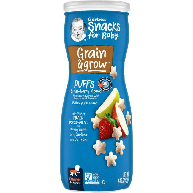 Gerber, Puffs, злаковые подушечки, для малышей от 8 месяцев, клубника и яблоко, 42 г (1,48 унции) Gerber, Puffs, злаковые подушечки, для малышей от 8 месяцев, клубника и яблоко, 42 г (1,48 унции)