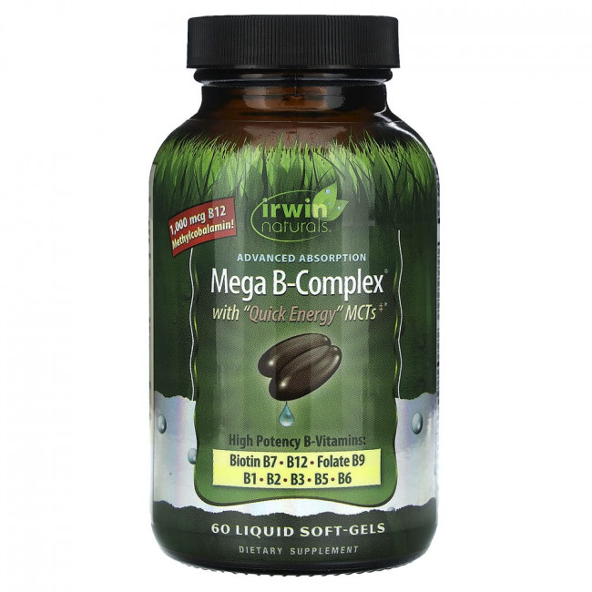 Irwin Naturals, Mega B Complex с СЦТ Quick Energy, 60 мягких желатиновых капсул с жидкостью Irwin Naturals, Mega B Complex с СЦТ Quick Energy, 60 мягких желатиновых капсул с жидкостью