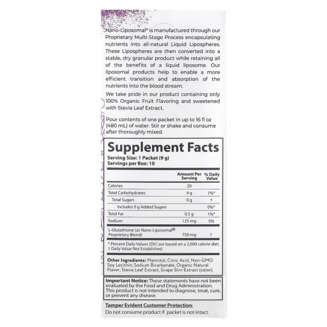 Aurora Nutrascience, Nano-Liposomal®, глутатион, смесь для липосомальных напитков, 10 пакетиков по 9 г (0,32 унции)