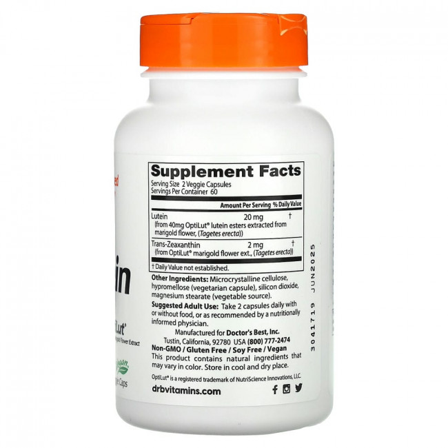 Doctor's Best, лютеин из OptiLut, 10 мг, 120 растительных капсул