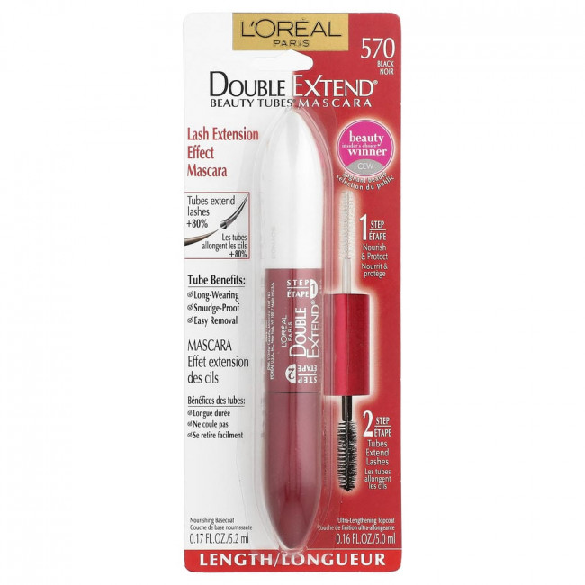 Тушь для ресниц L'Oréal Double Extend® Beauty Tubes®, 570 Black, 0,17 жидких унций (5,2 мл)