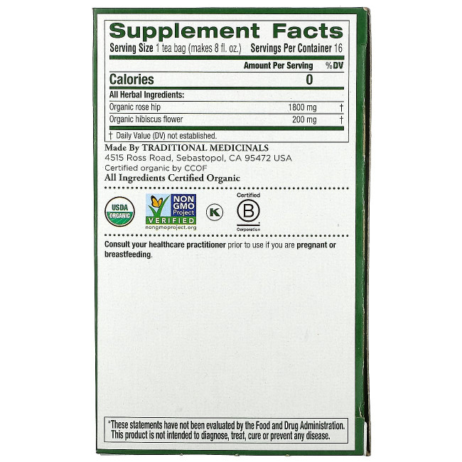 Traditional Medicinals, органические плоды шиповника с гибискусом, без кофеина, 16 чайных пакетиков в упаковке, 32 г (1,13 унции) Traditional Medicinals, органические плоды шиповника с гибискусом, без кофеина, 16 чайных пакетиков в упаковке, 32 г (1,13 унции)