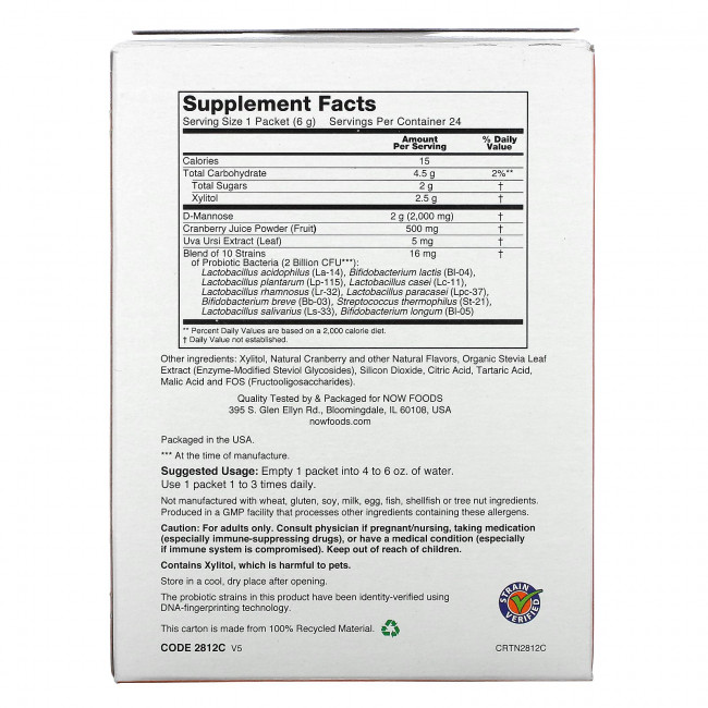 NOW Foods, клюква, манноза и пробиотики, для женщин, в компактной упаковке, 24 пакета по 6 г (0,21 унции) каждый NOW Foods, клюква, манноза и пробиотики, для женщин, в компактной упаковке, 24 пакета по 6 г (0,21 унции) каждый