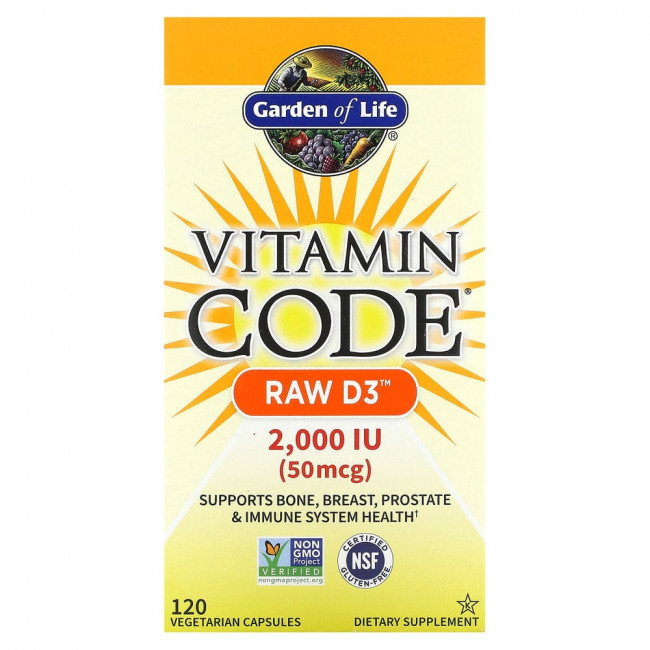 Garden of Life, Vitamin Code, RAW D3, 50 мкг (2000 МЕ), 120 вегетарианских капсул Garden of Life, Vitamin Code, RAW D3, 50 мкг (2000 МЕ), 120 вегетарианских капсул