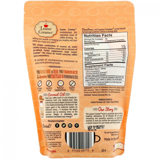 Leaner Creamer, сливки из кокосового масла, карамель, 280 г (9,87 унции)