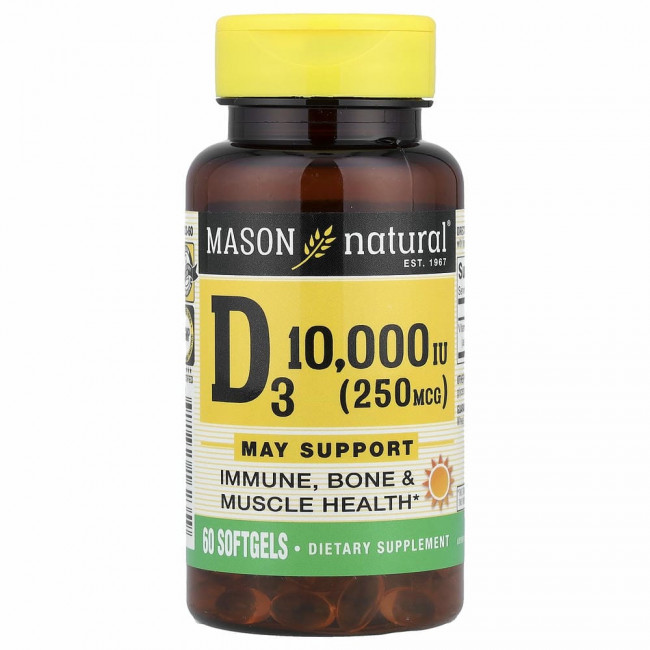 Mason Natural, Витамин D3, 250 мкг (10 000 МЕ), 60 мягких таблеток
