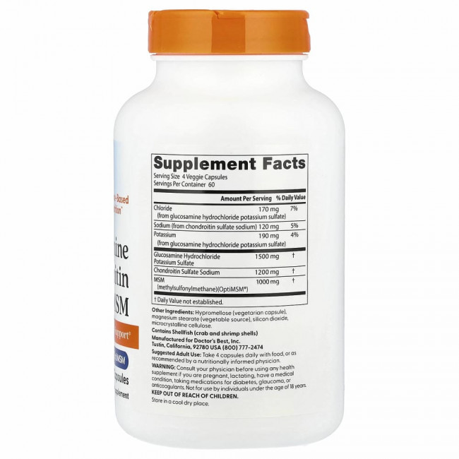 Doctor's Best, глюкозамин, хондроитин и МСМ с OptiMSM, 240 вегетарианских капсул