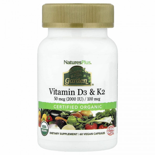 NaturesPlus, Source of Life Garden, витамины D3 и K2, 60 веганских капсул