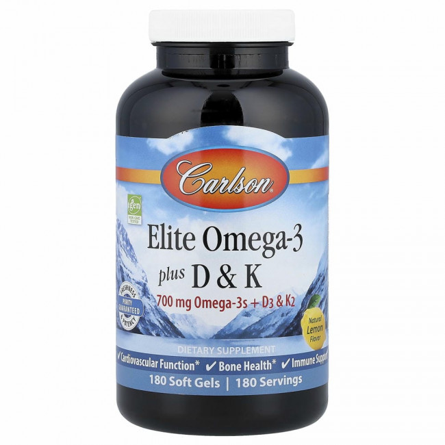 Carlson Labs, Elite Omega-3 с витаминами D и K, натуральный вкус лимона, 180 мягких таблеток