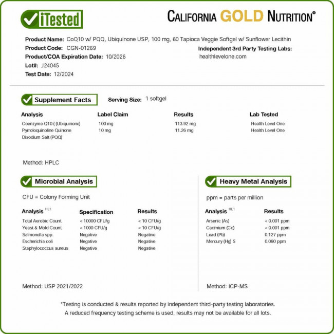 California Gold Nutrition, коэнзим Q10 с пирролохинолинхиноном (PQQ), 100 мг, 60 растительных капсул