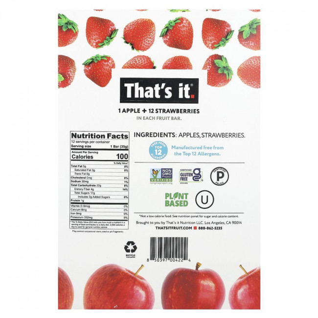 That's It, Fruit Bars, Apple + Strawberries, 12 Bars, 1.2 oz (35 g) Each