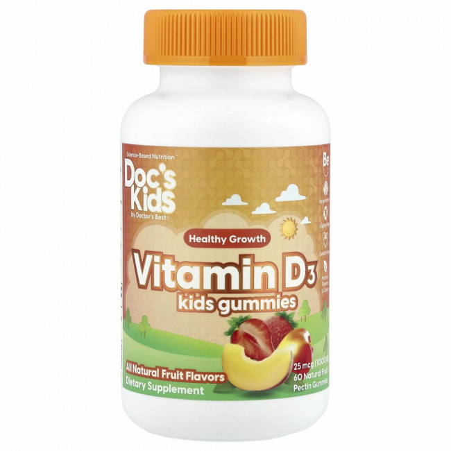 Doctor's Best, Doc's Kids, жевательные таблетки с витамином D3, полностью натуральные фрукты, 25 мкг (1000 МЕ), 60 жевательных таблеток с натуральным фруктовым пектином
