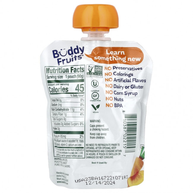 Buddy Fruits, Смесь фруктов и овощей, персик, морковь и яблоко, 90 г (3,2 унции) Buddy Fruits, Смесь фруктов и овощей, персик, морковь и яблоко, 90 г (3,2 унции)