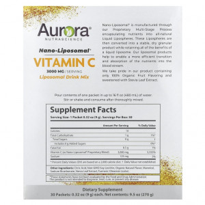 Aurora Nutrascience, Nano-Liposomal®, витамин C, 3000 мг, 30 пакетиков по 9 г (0,32 унции)