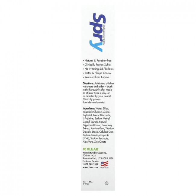 Xlear, Spry Toothpaste, Anti-Plaque Tartar Control, Fluoride Free, Natural Peppermint, 5 oz (141 g)
