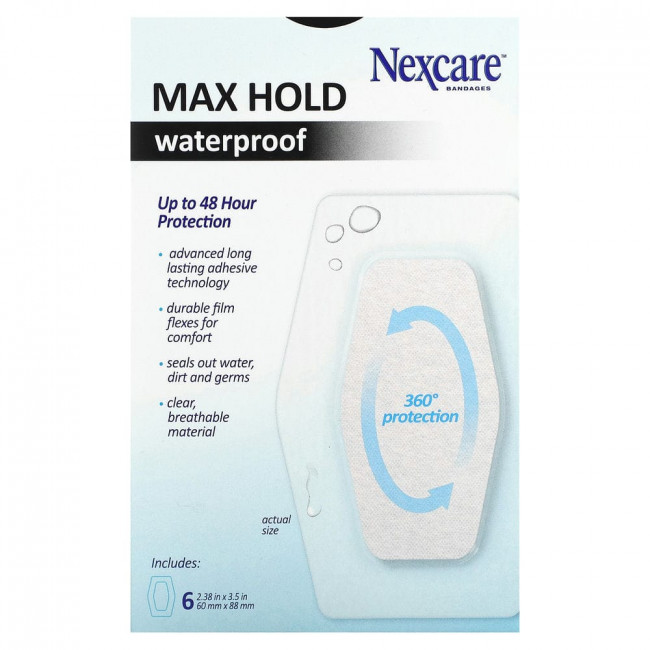 Nexcare, Прозрачные водонепроницаемые повязки, максимальная фиксация, колено и локти, 6 повязок