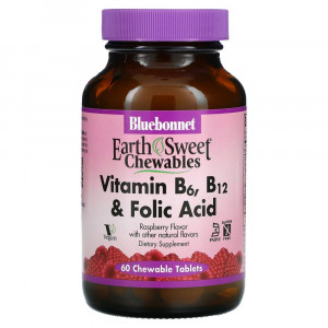 Bluebonnet Nutrition, Earth Sweet, жевательные таблетки с витаминами B6, B12 и фолиевой кислотой, со вкусом малины, 60 жевательных таблеток Bluebonnet Nutrition, Earth Sweet, жевательные таблетки с витаминами B6, B12 и фолиевой кислотой, со вкусом малины, 60 жевательных таблеток
