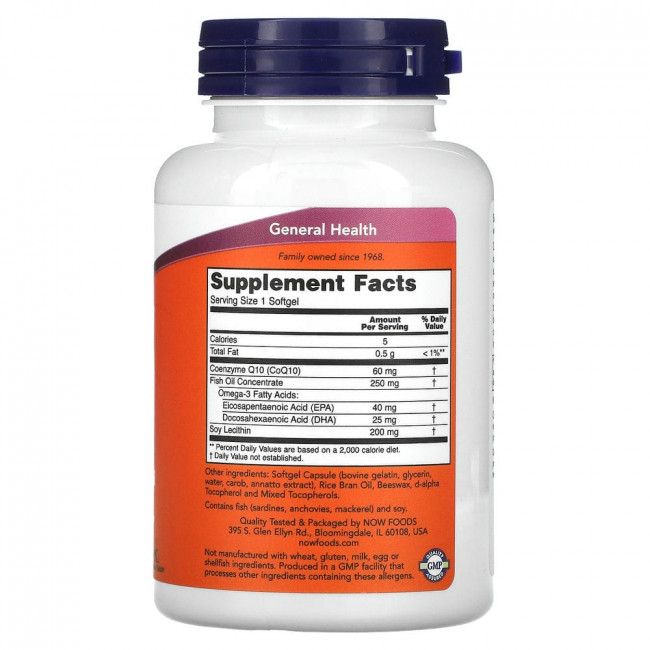 NOW Foods, коэнзим Q10 с рыбьим жиром с омега-3, 60 мг, 120 капсул NOW Foods, коэнзим Q10 с рыбьим жиром с омега-3, 60 мг, 120 капсул