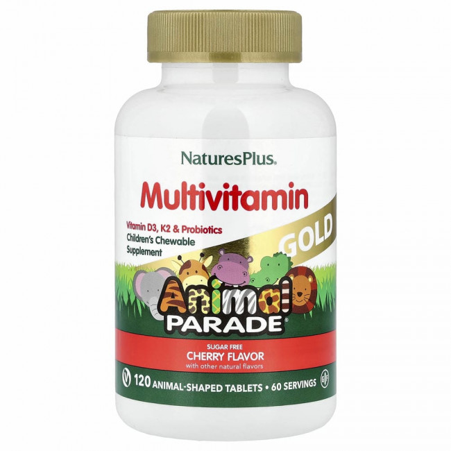 NaturesPlus, Source of Life, Animal Parade Gold, добавка для детей с мультивитаминами и микроэлементами, натуральный ароматизатор «Вишня», 120 таблеток в форме животных