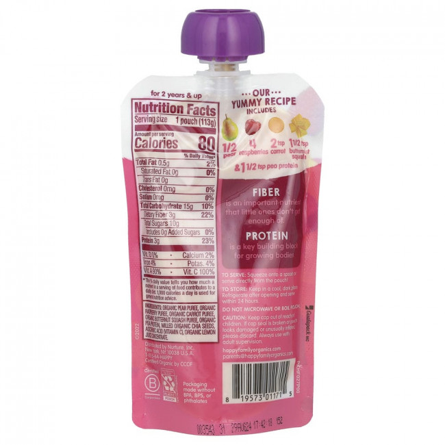 Happy Family Organics, Happytot, клетчатка и белок, этап 4, органические груши, малина, морковь и мускатная тыква, 113 г (4 унции)