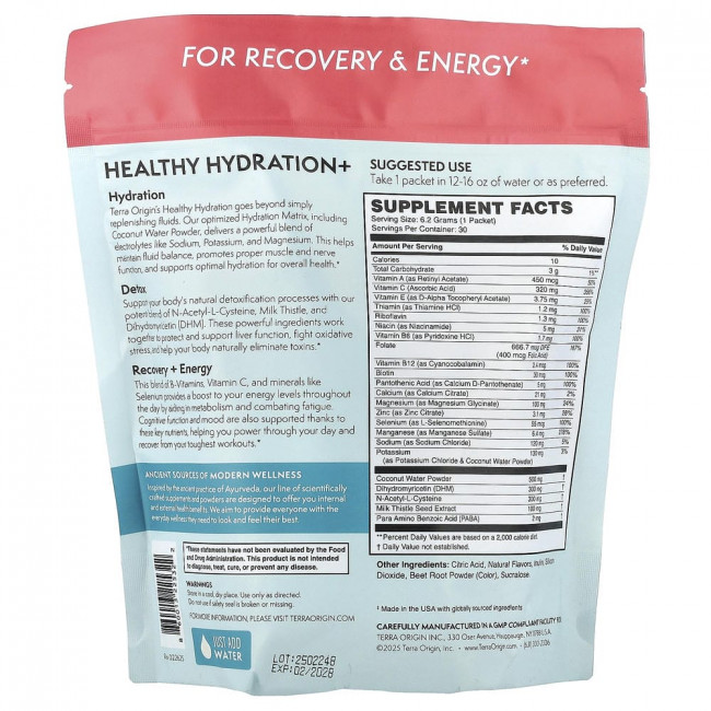 Terra Origin, Healthy Hydration+, Lemonberry Wave, 30 пакетиков для использования в дороге, по 6,2 г каждый.