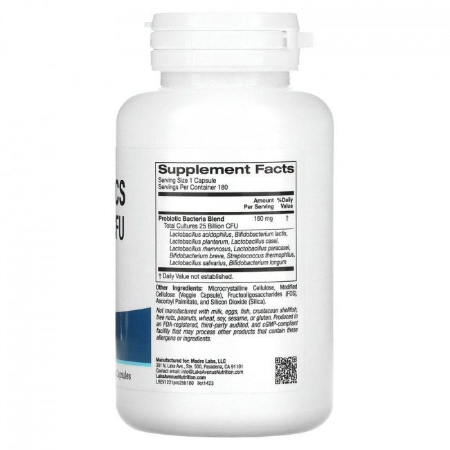 Lake Avenue Nutrition, пробиотики, 10 активных штаммов, 25 млрд КОЕ, 180 растительных капсул Lake Avenue Nutrition, пробиотики, 10 активных штаммов, 25 млрд КОЕ, 180 растительных капсул