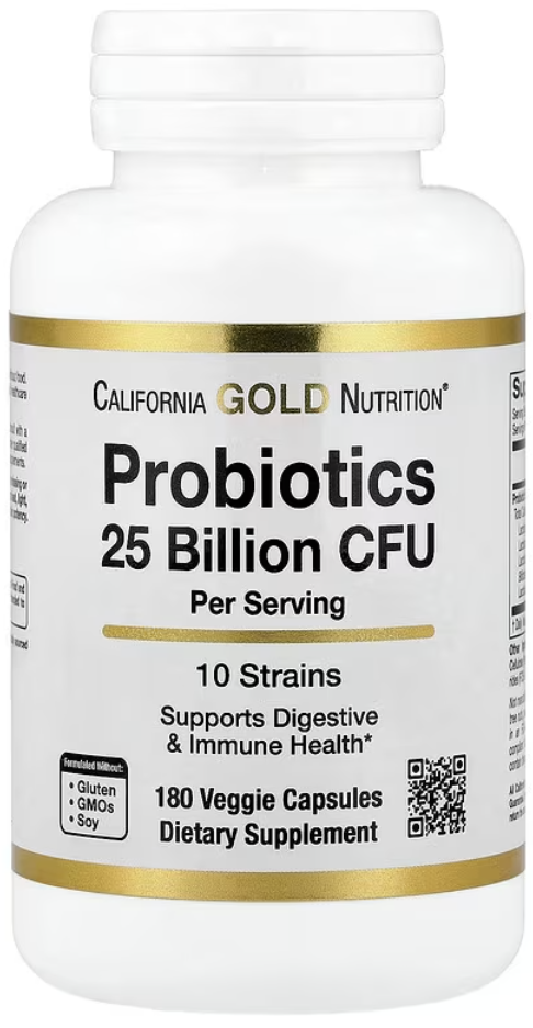 California Gold Nutrition, пробиотики с ацидофильными лактобактериями, бифидобактериями лактис, лактобактериями плантарум и лактобактериями казеи, смесь из 10 штаммов, 25 млрд КОЕ, 180 вегетарианских капсул