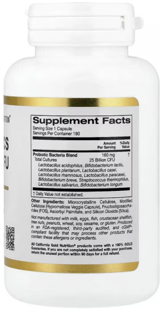 California Gold Nutrition, пробиотики с ацидофильными лактобактериями, бифидобактериями лактис, лактобактериями плантарум и лактобактериями казеи, смесь из 10 штаммов, 25 млрд КОЕ, 180 вегетарианских капсул