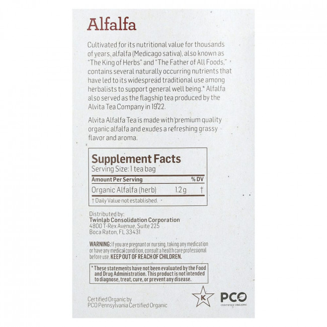 Alvita Teas, Organic Botanical Tea, Alfalfa, Caffeine Free, 16 Individually Wrapped Tea Bags, 0.68 oz (19.28 g)