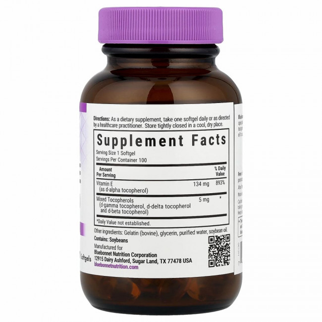 Bluebonnet Nutrition, Витамин E, 200 МЕ, 100 гелевых капсул