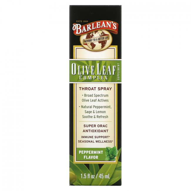 Barlean's, Olive Leaf Complex, спрей для горла на основе оливковых листьев, со вкусом перечной мяты, 45 мл (1,5 жидк. унции)