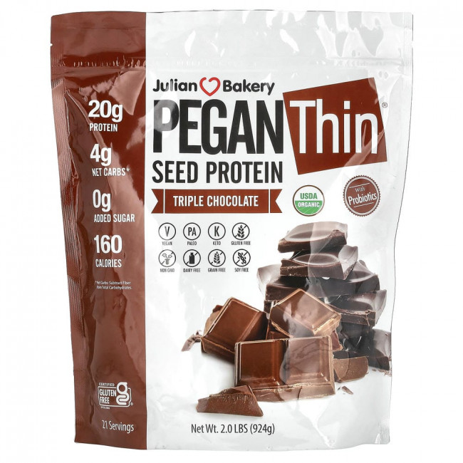 Кондитерская Julian Bakery, Pegan Thin, протеин из семян, тройной шоколад, 924 г (2 фунта)