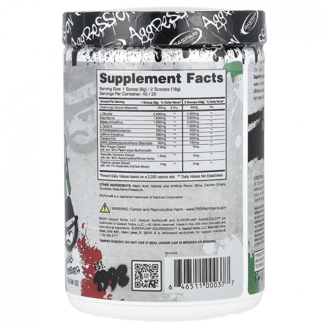 Gaspari Nutrition, SuperPump Aggression™ Pre-Workout, Jersey Mobster Italian Ice, 360 г