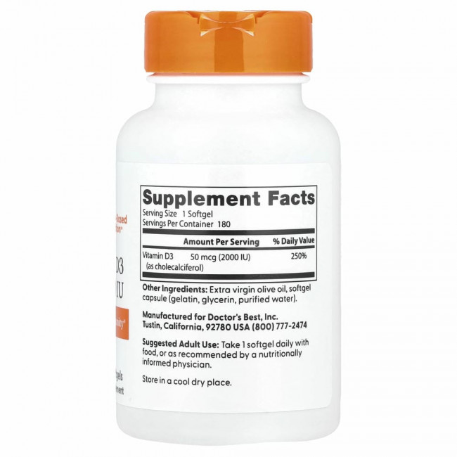 Doctor's Best, витамин D3, 50 мкг (2000 МЕ), 180 капсул