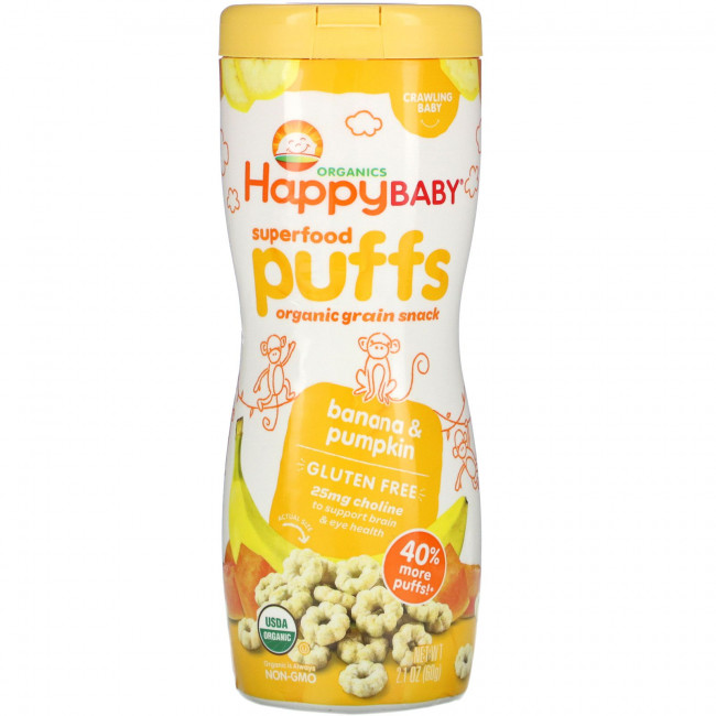 Happy Family Organics, колечки из суперфудов, органический злаковый снек, банан и тыква, 60 г (2,1 унции)