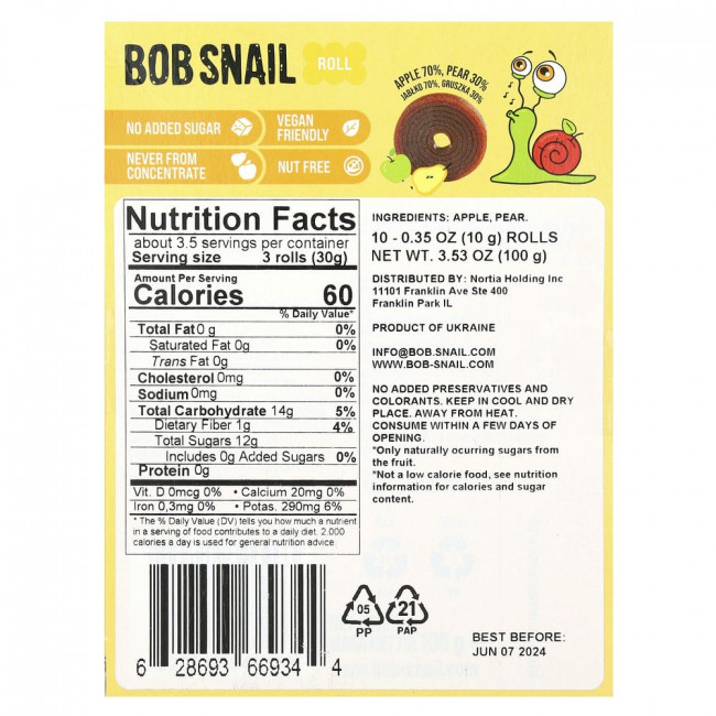 Bob Snail, фруктовые рулетики, яблоко и груша, 10 роллов по 10 г (0,35 унции)