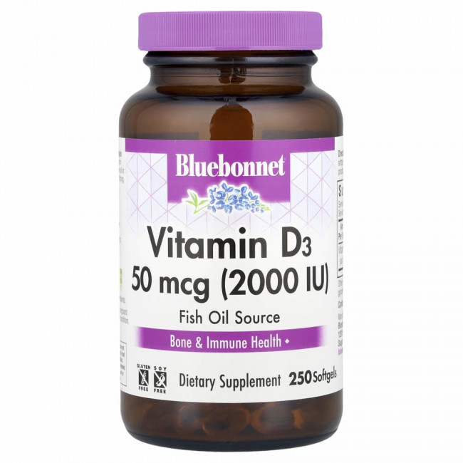 Bluebonnet Nutrition, витамин D3, 50 мкг (2000 МЕ), 250 капсул