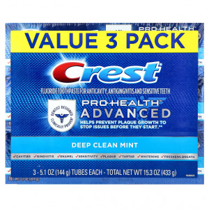 Crest, Pro-Health Advanced, зубная паста с фторидом, глубокое очищение, мята, 3 тюбика по 144 г (5,1 унции)