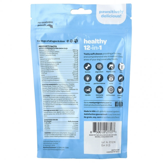 Ready Pet Go, Healthy 12-in-One, для собак, для всех возрастов, бекон, печень и сыр, 60 жевательных таблеток, 240 г (8,5 унции) Ready Pet Go, Healthy 12-in-One, для собак, для всех возрастов, бекон, печень и сыр, 60 жевательных таблеток, 240 г (8,5 унции)