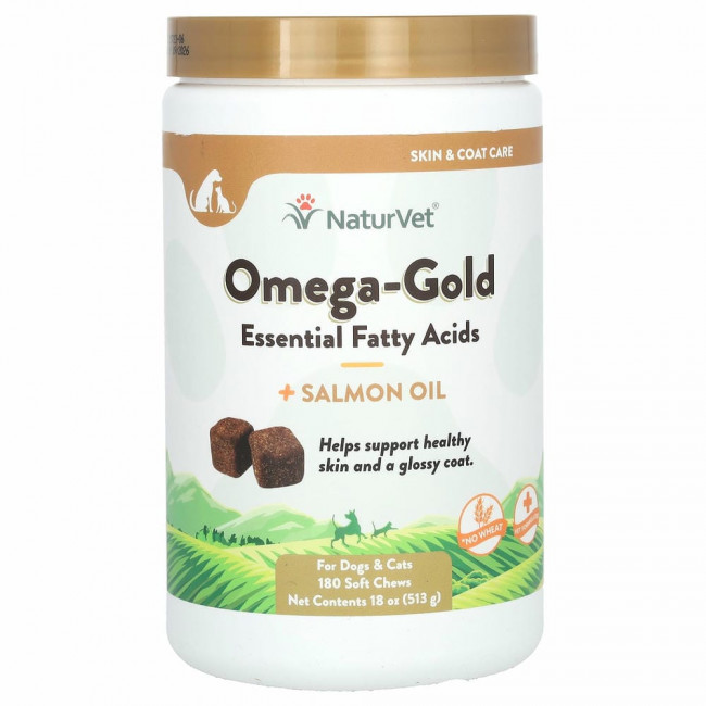 NaturVet, Omega-Gold с жиром лосося, добавка для собак и котов, улучшение состояния кожи и шерсти, 180 мягких жевательных таблеток NaturVet, Omega-Gold с жиром лосося, добавка для собак и котов, улучшение состояния кожи и шерсти, 180 мягких жевательных таблеток