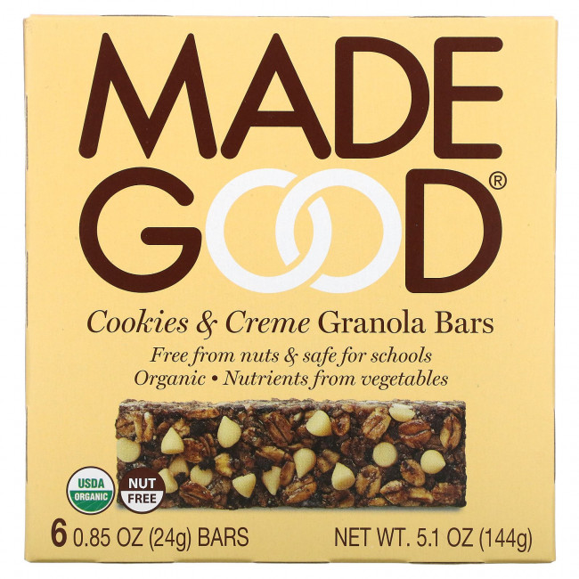 MadeGood, Батончик-гранола, печенье и крем, 6 батончиков, 24 г (0,85 унции) MadeGood, Батончик-гранола, печенье и крем, 6 батончиков, 24 г (0,85 унции)
