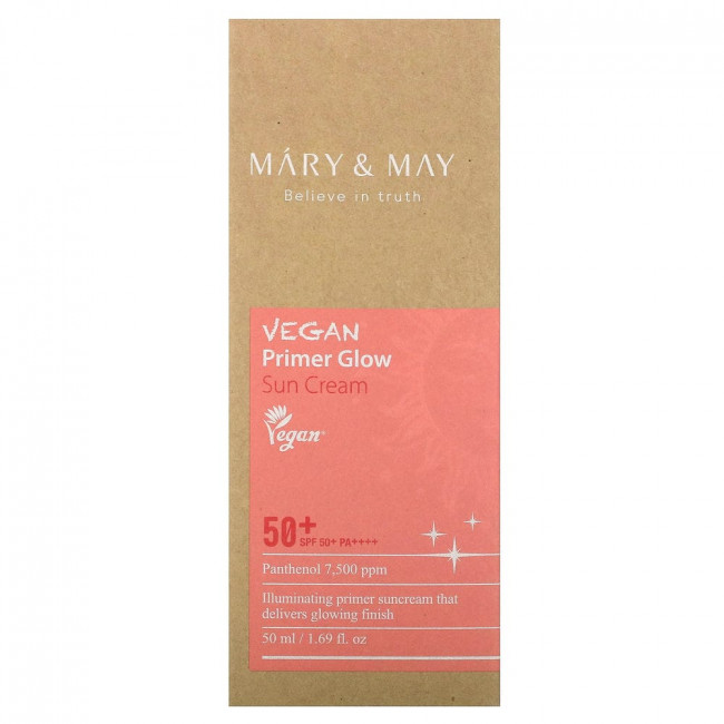 Mary & May, Vegan Primer, солнцезащитный крем для сияния кожи, SPF 50+ PA ++++, 50 мл (1,69 жидк. Унции)