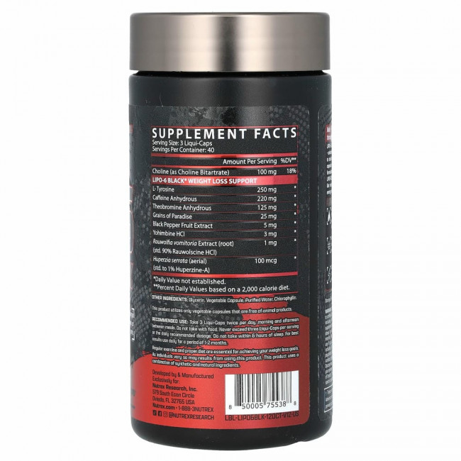 Nutrex Research, LIPO-6 Black, экстремальная эффективность, 120 черных капсул