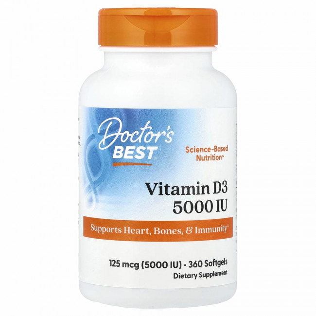 Doctor's Best, витамин D3, 125 мкг (5000 МЕ), 360 мягких таблеток