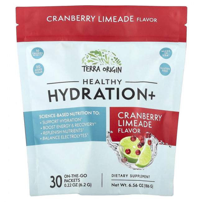 Terra Origin, Healthy Hydration+, клюквенно-лаймовый лимонад, 30 пакетиков для использования в дороге, по 6,2 г каждый.