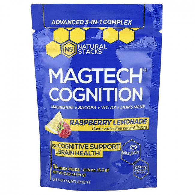 Natural Stacks, Magtech® Cognition, Малиновый лимонад, 14 пакетиков по 5,3 г каждый.