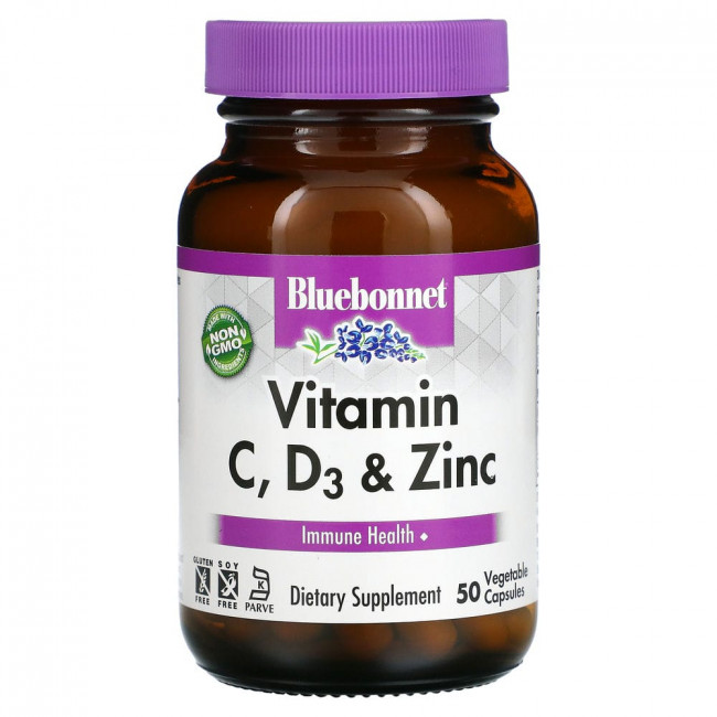 Bluebonnet Nutrition, Витамин C, D3 и цинк, 50 растительных капсул Bluebonnet Nutrition, Витамин C, D3 и цинк, 50 растительных капсул